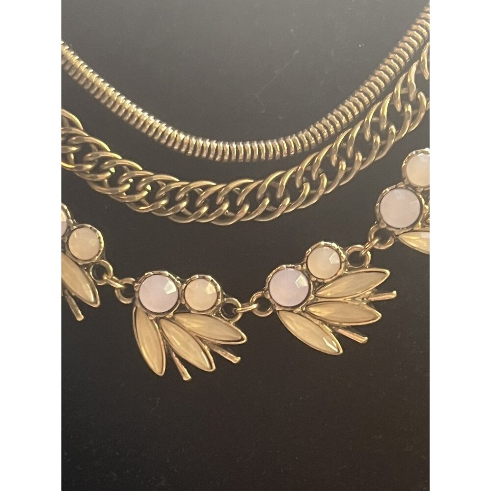 Vtg GLOWS Gorgeous 3 Layer Necklace Gold Tone Faceted Rose Quartz 20-22”